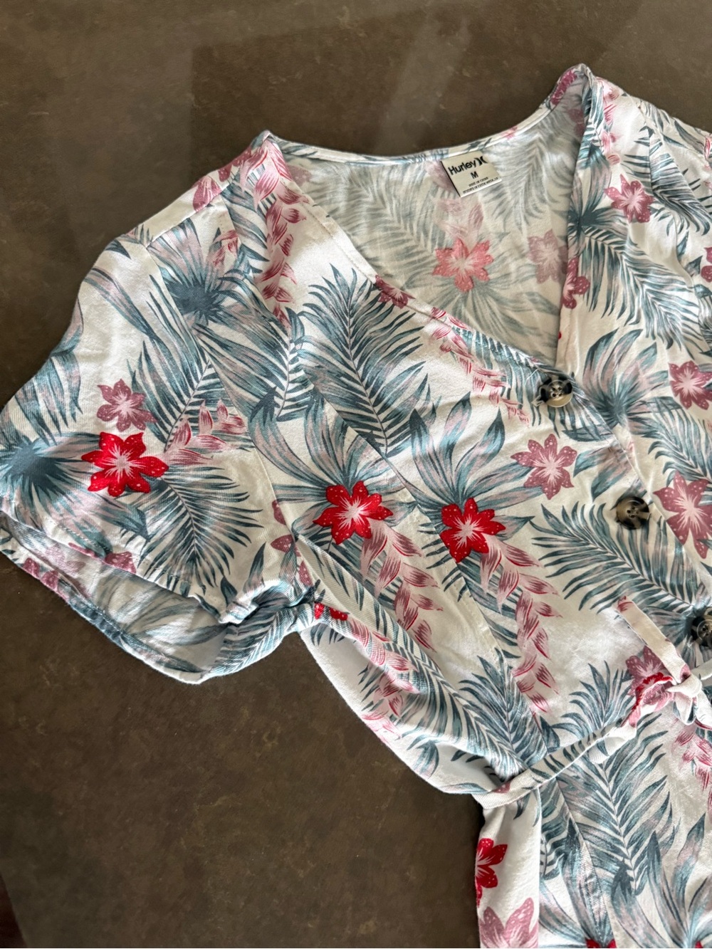 Hurley Floral V-Neck Drawstring Waist Romper in Cream & Green - Picture 3 of 7